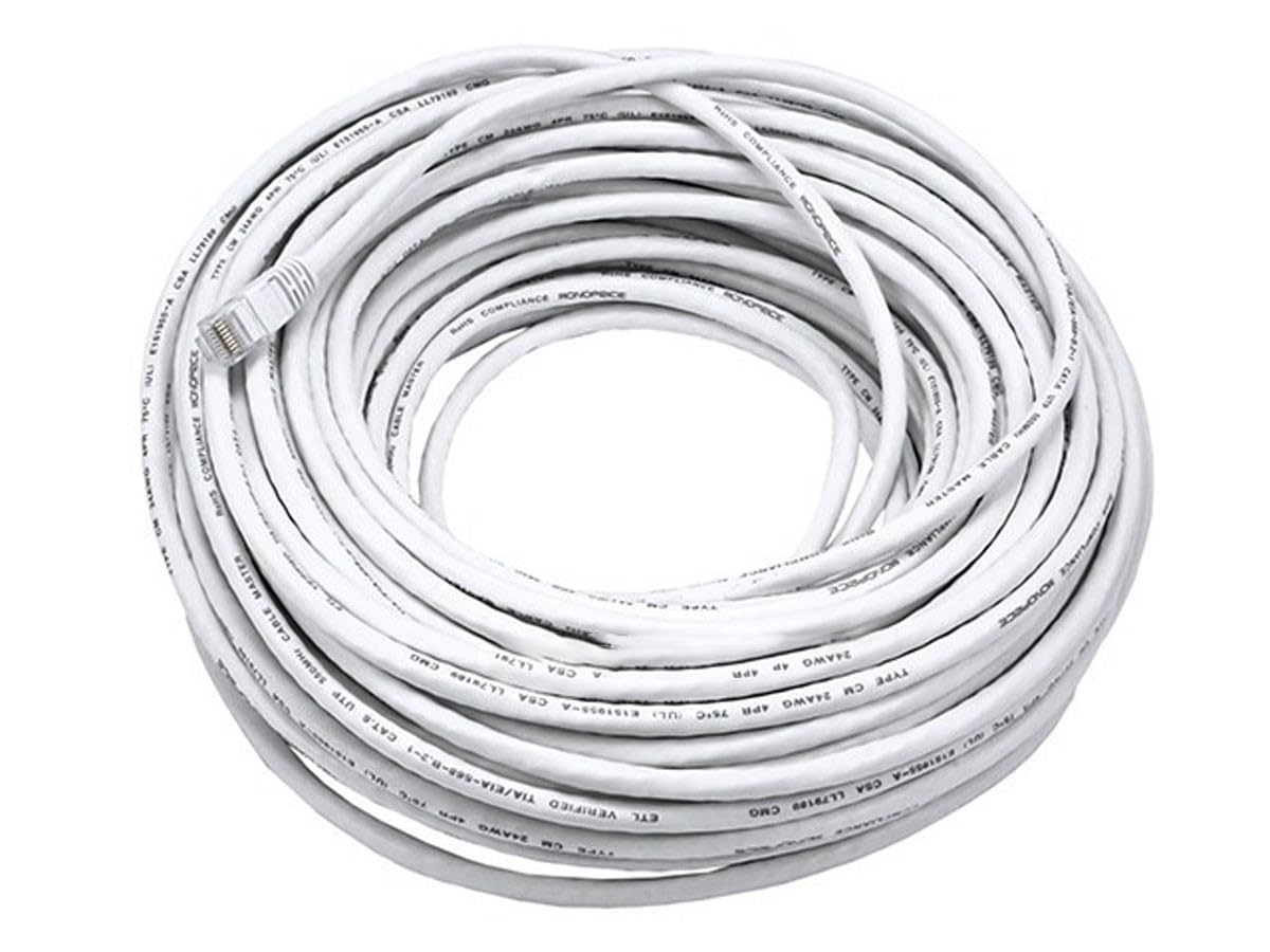 Monoprice Cat6 Ethernet Patch Cable - Snagless RJ45, Fullboot, 24AWG Stranded Pure Bare Copper Wire, 550Mhz, UTP, 100 Feet, White