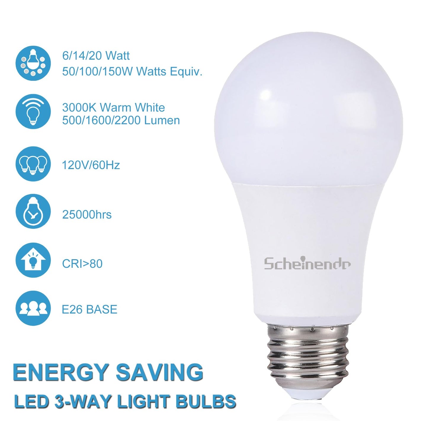 3-Way Led Light Bulbs 50 100 150 Watt Equiv, A21 E26 Bulb, 3000K, 2PK