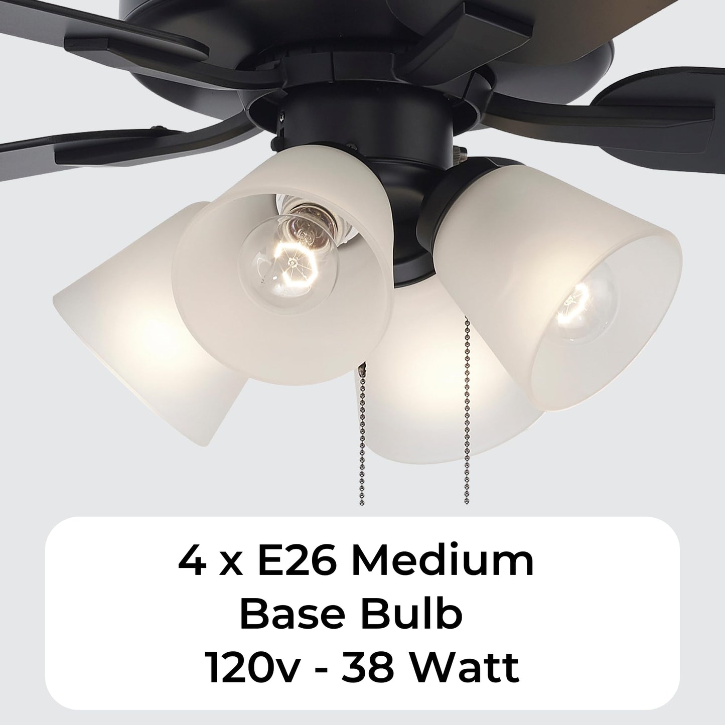 Asher Hamilton AHF-214BKFR Brookhaven 52 Inch Ceiling Fan | 5 Reversible Black/Walnut Blades | 4 Light Frosted Glass Shades E26 Medium Base |