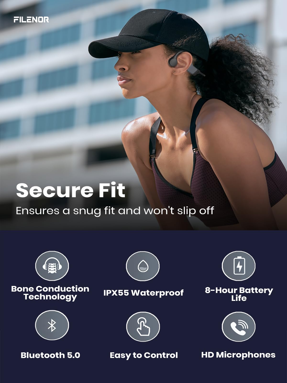 Filenor Bone Conduction Headphones, 2026 Upgrade Open-Ear Wireless Bluetooth Workout Headphones with Microphones, 8Hr Playtime, Waterproof Earphones
