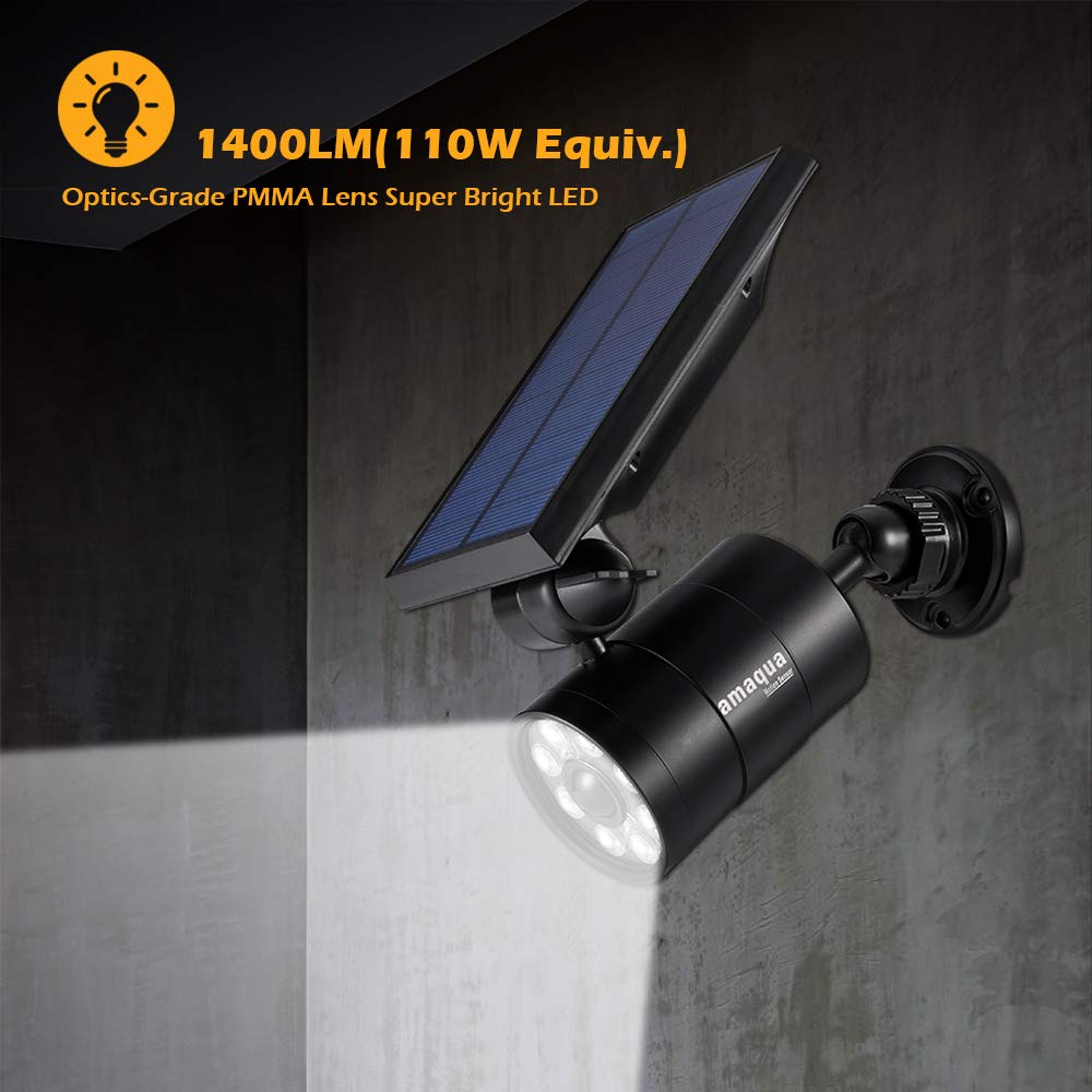 amaqua Solar Motion Spotlight Outdoor Aluminum case 9-Watt(110W Equ.) 1400-Lumen Solar Motion Sensor Floodlight for Outside Garden Patio Garage Deck