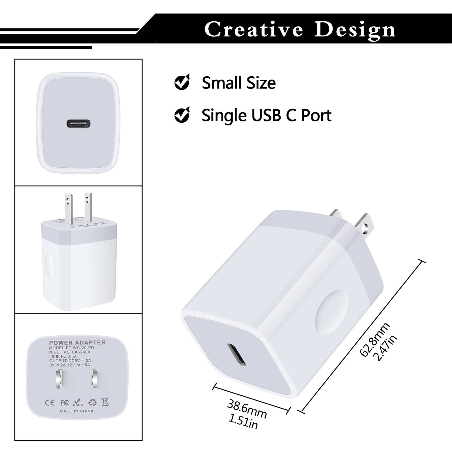 USB C Wall Charger,2Pack 20W USB C Block PD Fast Charger Type C Wall Adapter for iPhone 16 15 14 13 12 11 Pro Max,SE,8 7 6 Plus,iPad,Samsung Galaxy