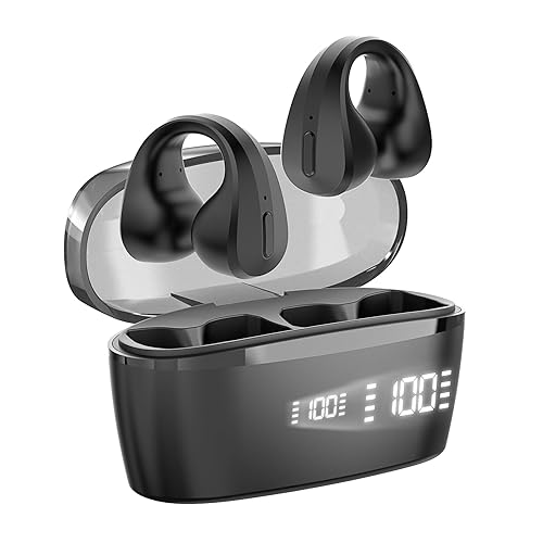 Wireless Earbuds Bluetooth 5.3 ,Open Ear Clip Headphones with Built-in Mic,30H Playtime, Charging Case LED Display Fitness Earbuds for Sports(Black)
