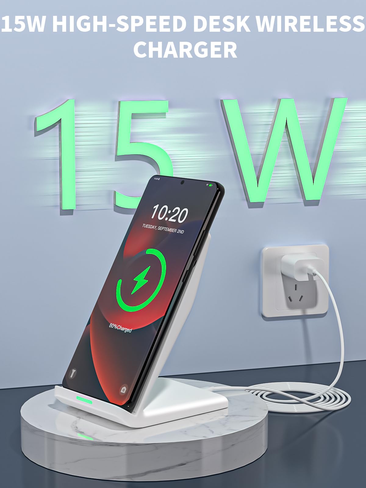 15W Wireless Phone Charger Stand,6FT Fast Android Wireless Charger Station for iPhone 17/17 Air/17 Pro Max/15/14/13, 15W Fast Charging for Samsung