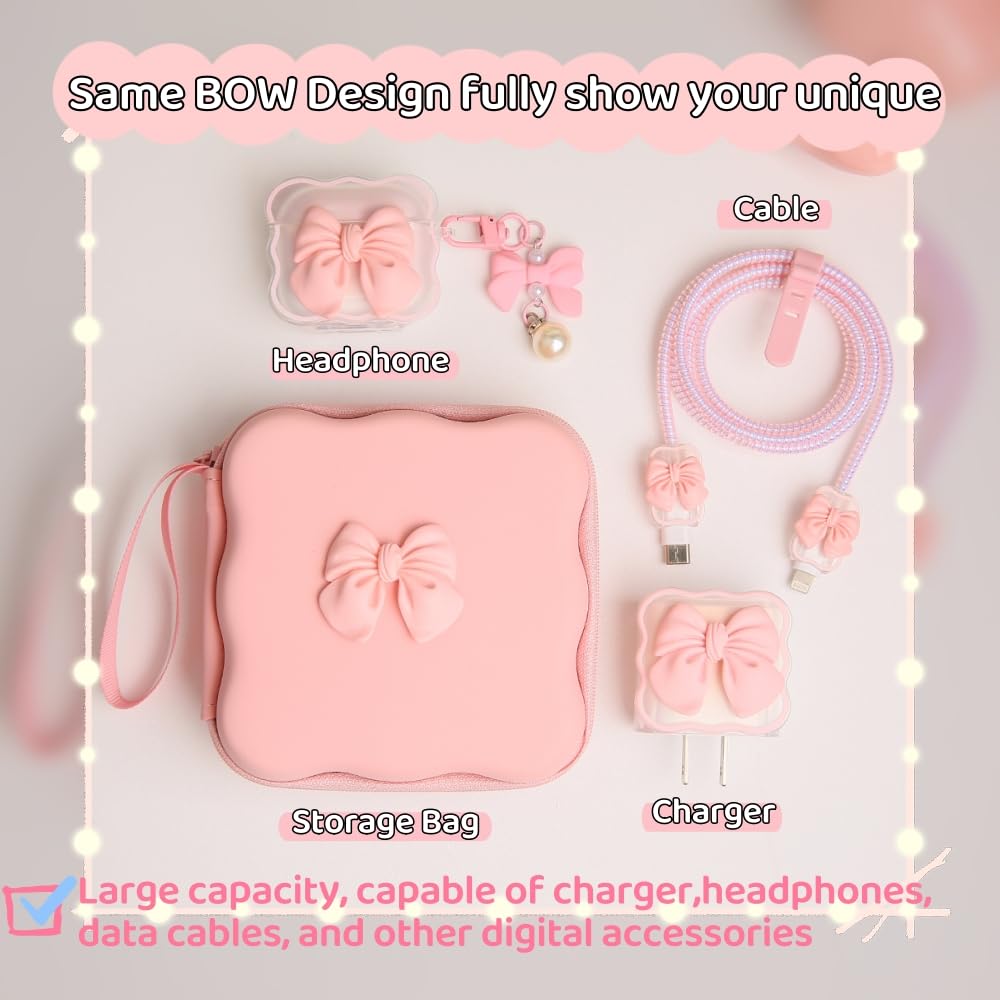 QLD COVER Charger Cover Storage Bag, Cute 3D Bow Tie Waves Design Charger Protector Travel Storage Case, Earphone Wire Saver Cable Cord Organizer