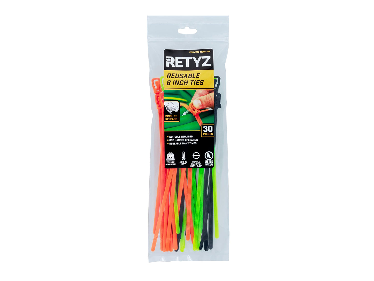 RETYZ Releasable Cable Ties Combo Pack, 30 Pack, 50 lb Tensile Strength, 8-Inch, Multi-Color (Black, Fluorescent Orange, Fluorescent Green), Heavy
