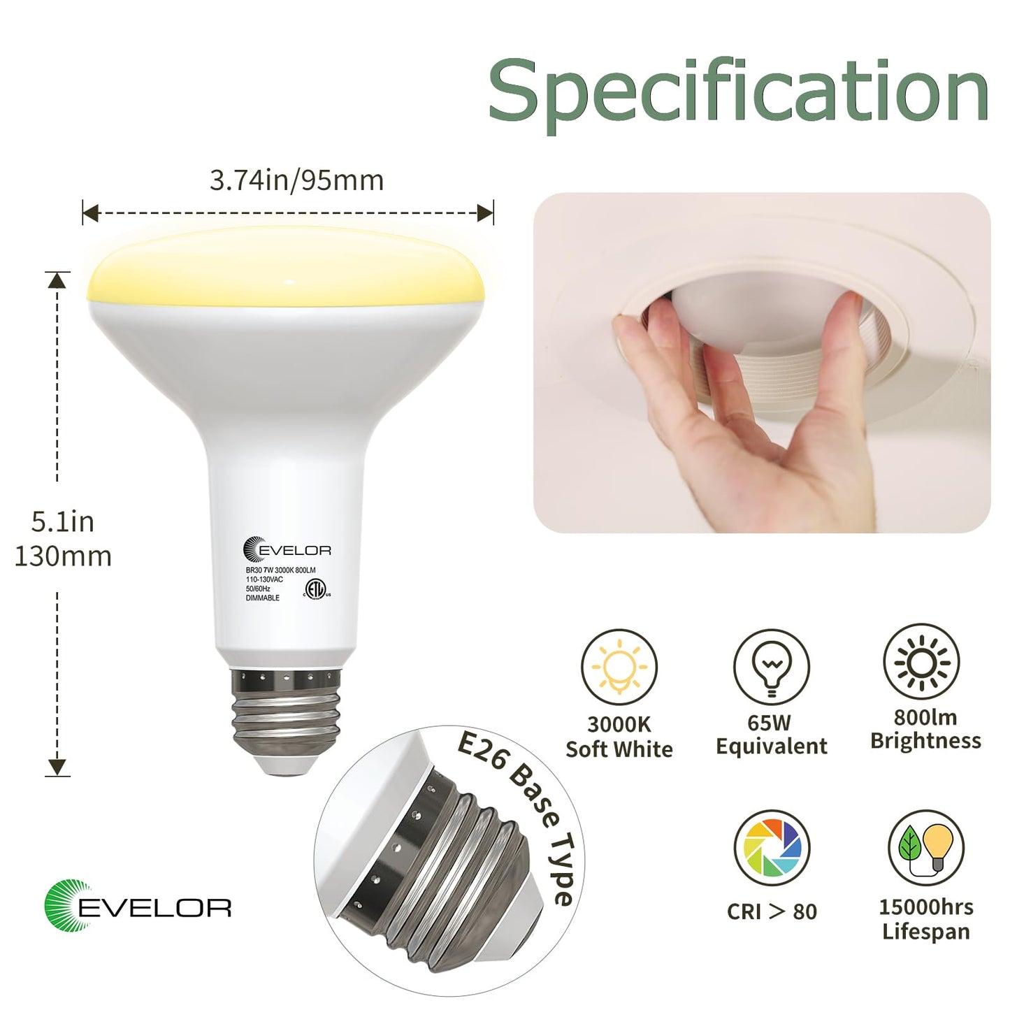 evelor 12 Pack BR30 Flood LED Light Bulbs 65W Equivalent, 7W Energy Efficient, Dimmable 800LM Bulbs 2700K Warm White, E26 Base for Recessed Cans