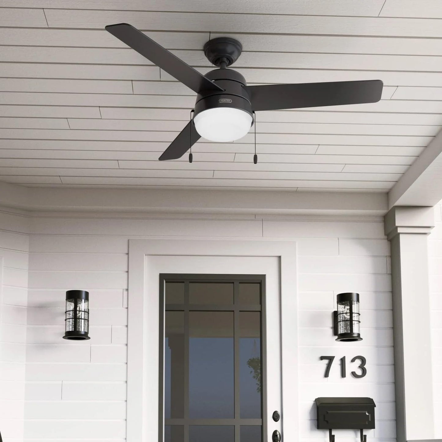 Hunter Fan 52 inch Ceiling Fan with Light, Outdoor or Indoor Black Ceiling Fan with Pull Chain for Porch, Living Room, Office, Kitchen, Garage, 3