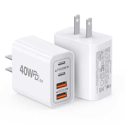 [2-Pack] 40W USB C Charger Block, 4-Port Type C Fast Charging Brick Dual PD&QC Wall Plug Adapter Compatible for iPhone13/14/15/16/17 Pro/Pro Max/iPad