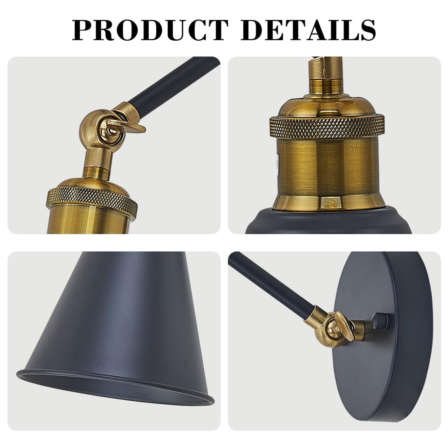 Lifora Hay Swing Arm Wall Sconce Black Gold, 7" Farmhouse Wall Light with Metal Cone Shade, Adjustable Dual-Joint Arm, Industrial Wall Lamp