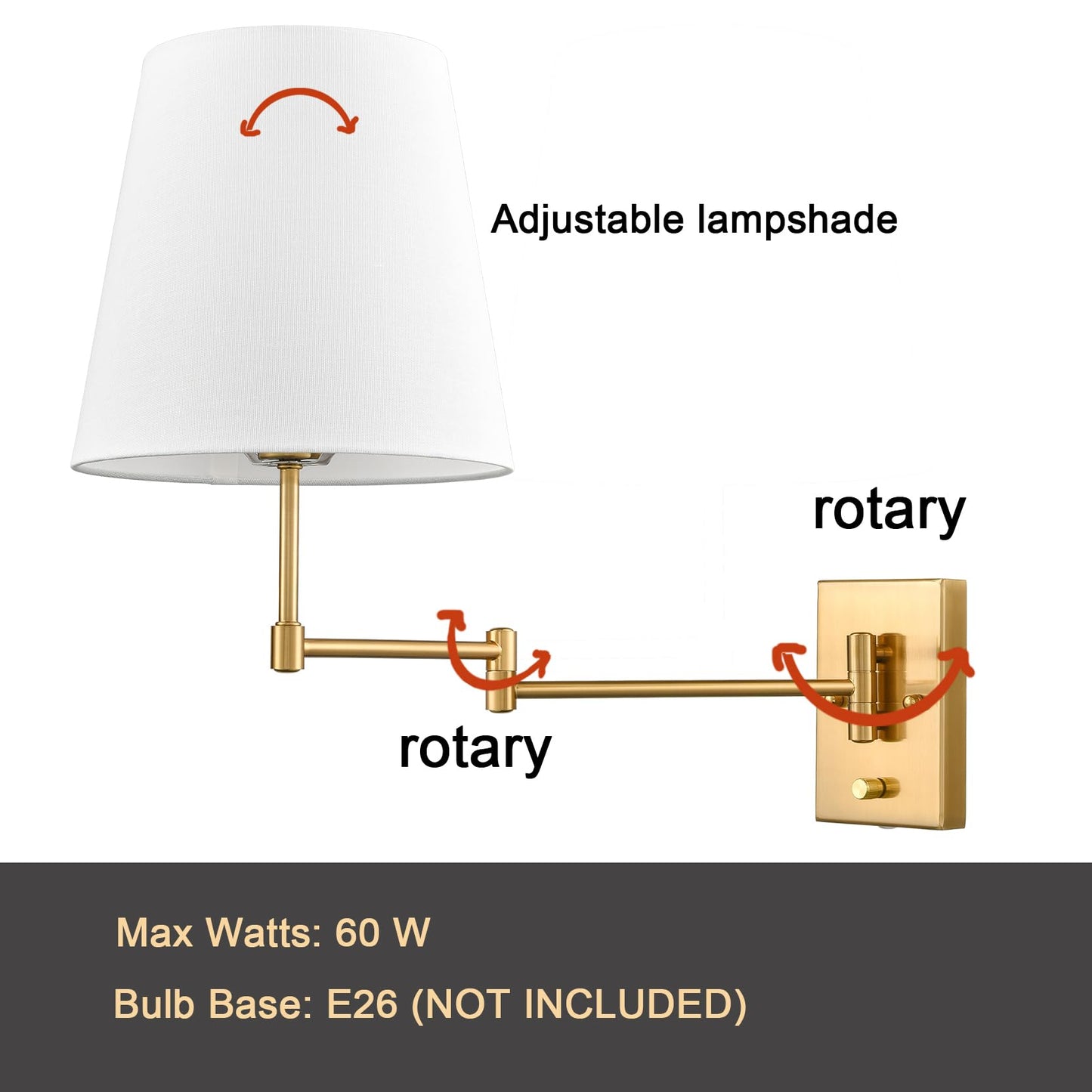 HYDELITE Gold Swing Arm Wall Lamp Brass Wall Sconces with Linen Shade | Plug-in or Hardwired Wall Light Fixtures Bedroom Bedside, House Reading