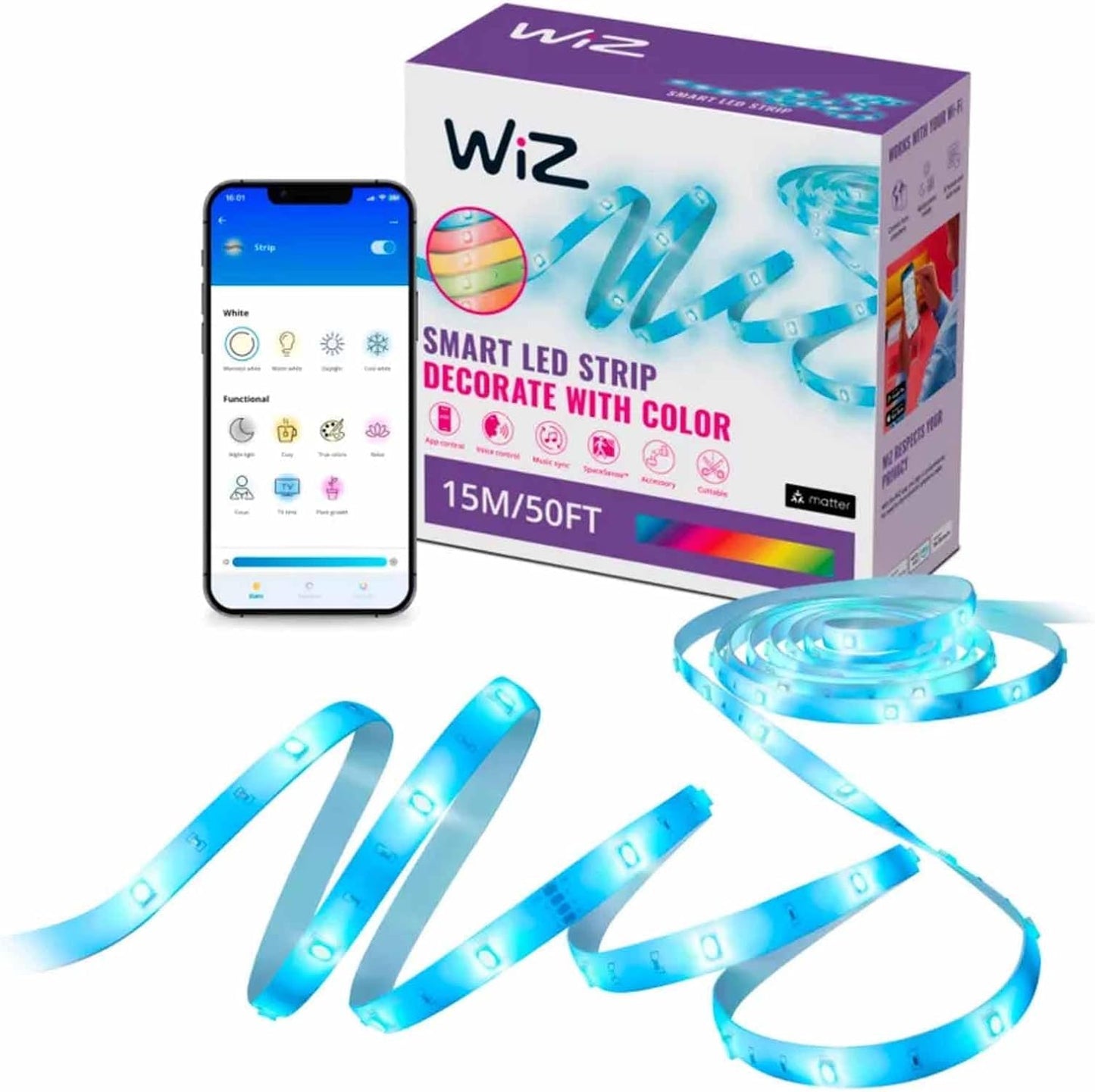 WiZ Connected Smart Light Strip, Sunset/Sunrise Automation, Preset Modes, Control with Voice or App, Full Color RGB Lighting, Voice Control, 50ft Cut