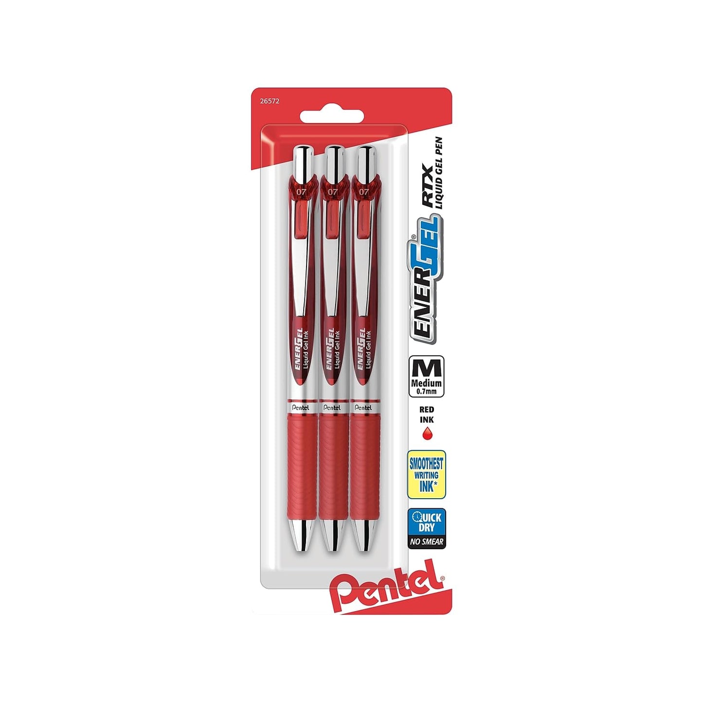 Pentel EnerGel RTX Retractable Liquid Gel Pen (0.7mm), Medium Line, Metal Tip, Red Ink, Pack of 3 (BL77BP3B)