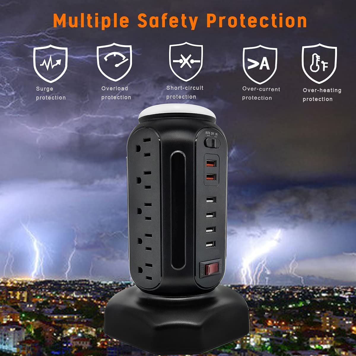 Power Strip Tower 15 Outlets 6 USB Ports, Surge Protector with Colorful Led Light & USB Fast Charge,Desktop Charging Station with 6.5ft Heavy Duty