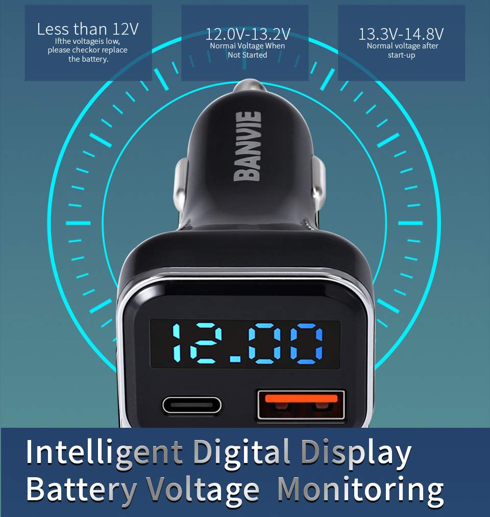 BANVIE USB C Car Charger with LED Voltage Display, 30W 2-Port Fast Charging Adapter with PD3.0&QC3.0 Compatible with iPhone 12 Pro Max/11 Pro