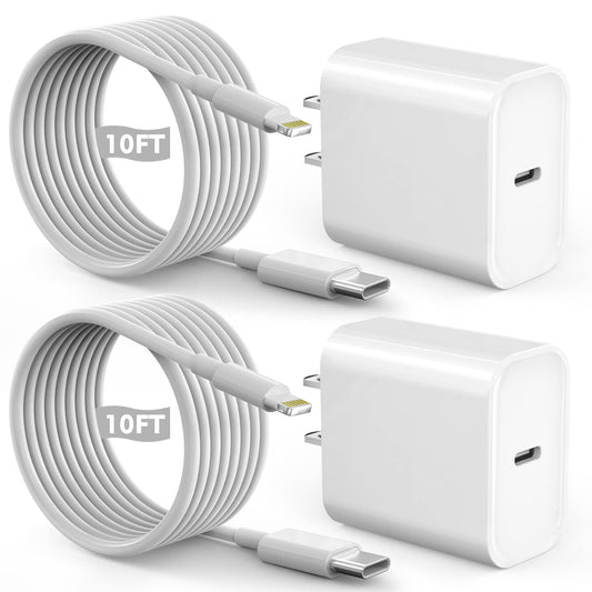 Fast iPhone Charger, Quick 10Foot USBC Wall Charger Phone Charge 2Pack PD USB C Fast Charge Block + Long 10FT Lightning Fast Charging Cable…