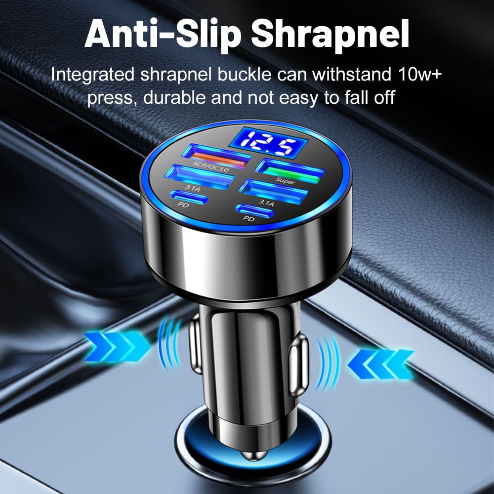 USB C Car Charger Adapter with Voltmeter Compatible with iPhone 16 15 14 13 12 11, Android, Samsung, 120W 6 in 1 Multi-Port Super Fast Charging