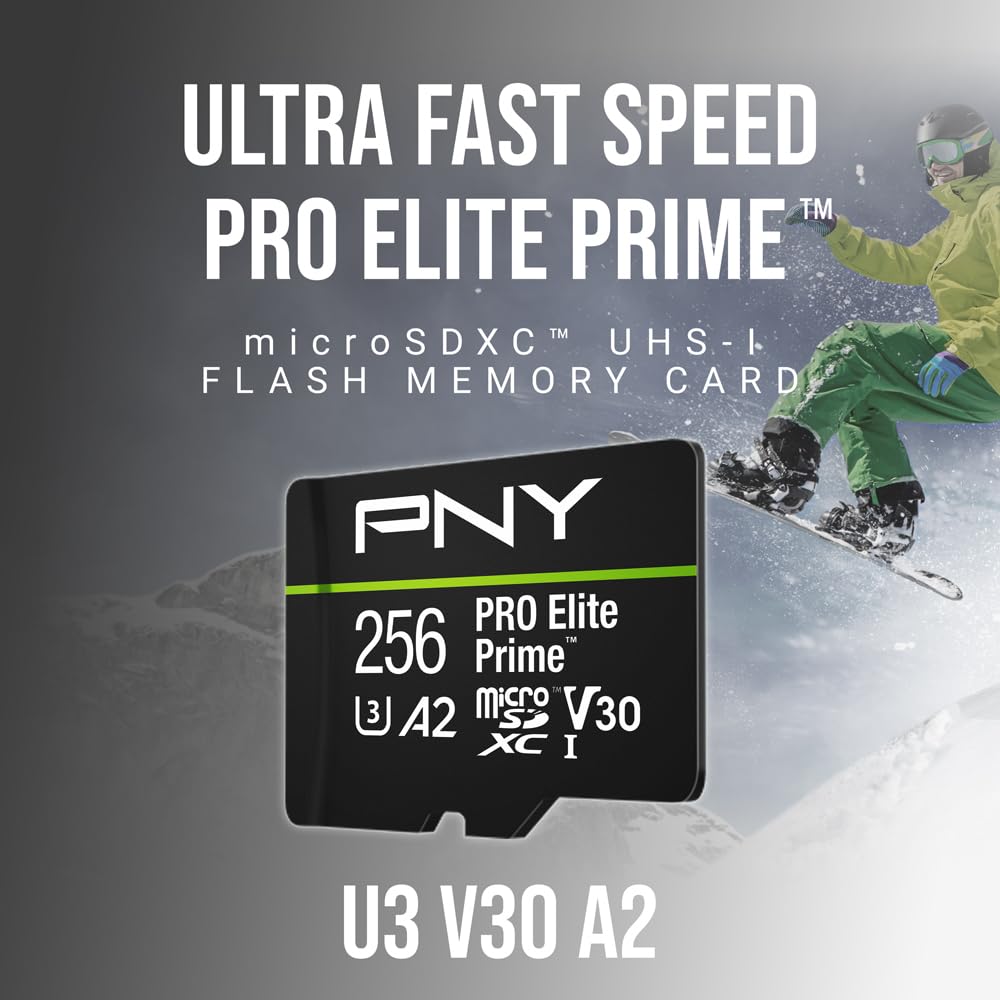 PNY 256GB PRO Elite Prime™ C10 U3 V30 A2 microSDXC Flash Memory Card - Ultra-Fast Speeds, Read 200MB/s, Write 150MB/s, 4K UHD, Full HD, UHS-I