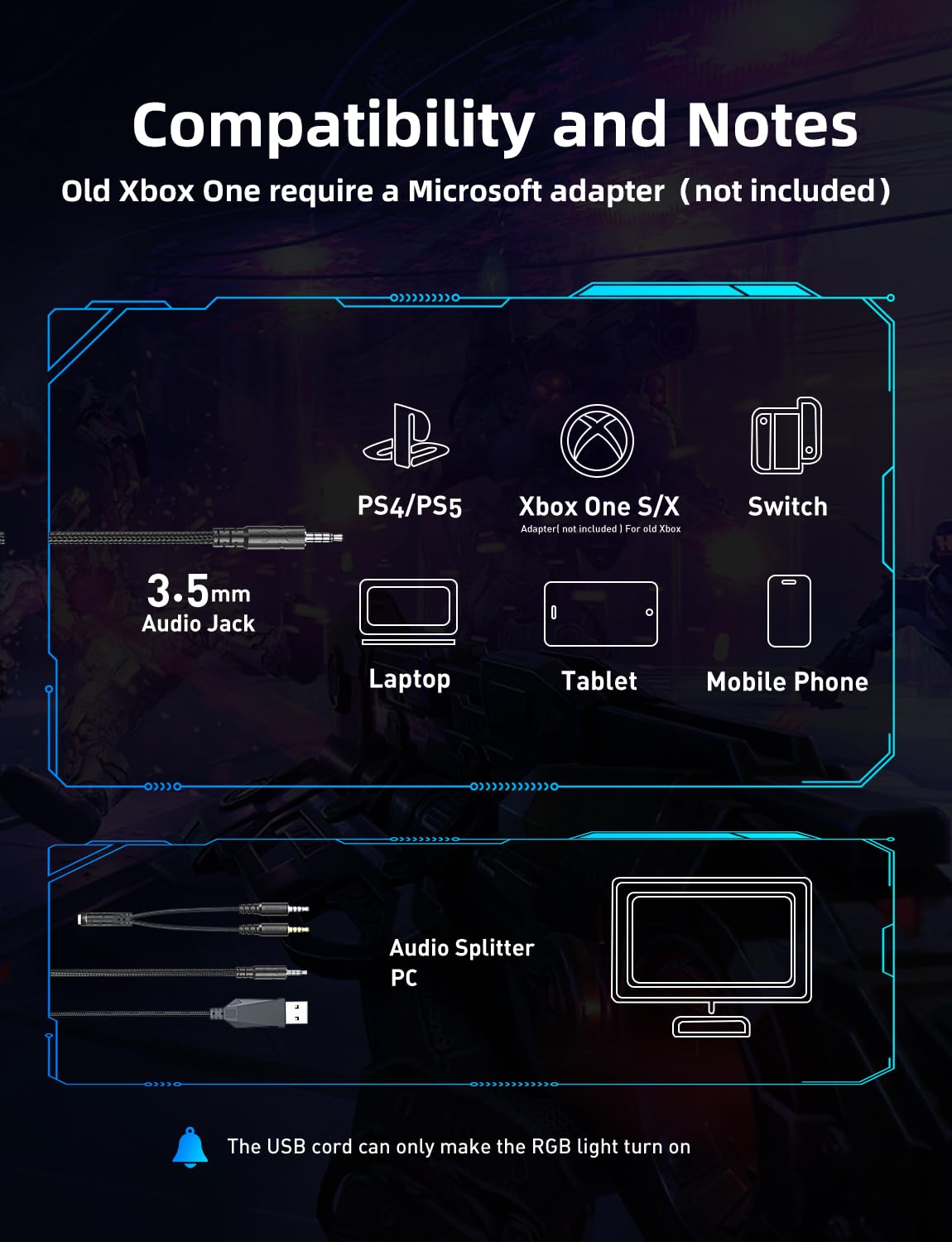 Gaming Headset with Microphone, Gaming Headphones Compatible for PS4 PS5 Xbox PC with RGB Lights, PlayStation Headset with Noise Reduction 7.1