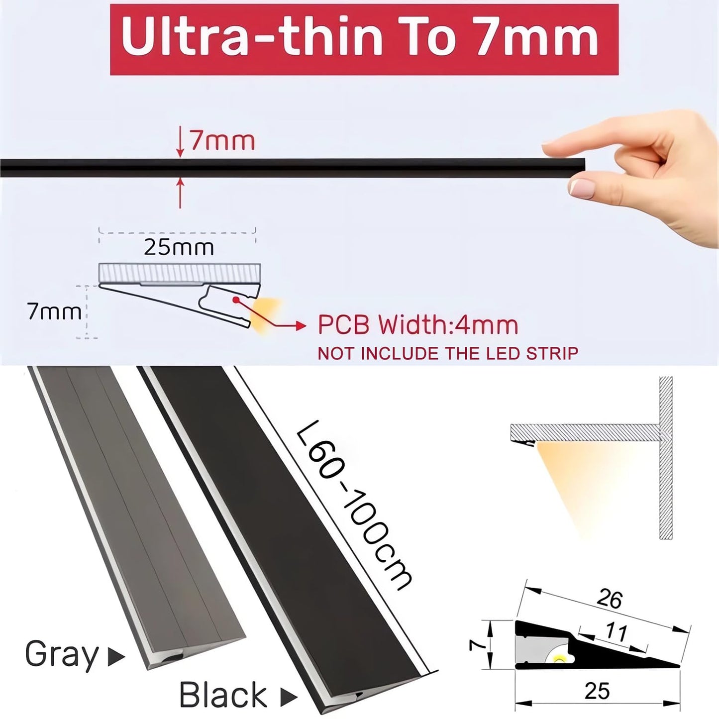 JARBIH 5Pack 1M/3.3ft Ultra-Thin Led Aluminum Profile, 45° Oblique Lighting Cabinet LED Lamp, Invisible H7mm Surface Mounted Wardrobe Layer Shelf