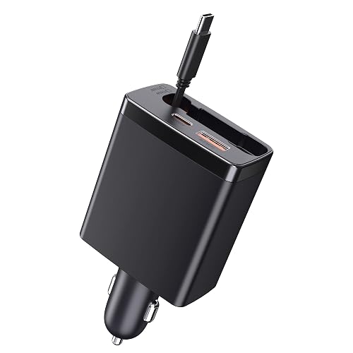 65W Laptop Car Charger with Retractable Cable, 3-in-1 125W Fast USB C Car Charger Adapter, USB-A & Dual USB-C Ports for iPhone 15/14/13, Samsung