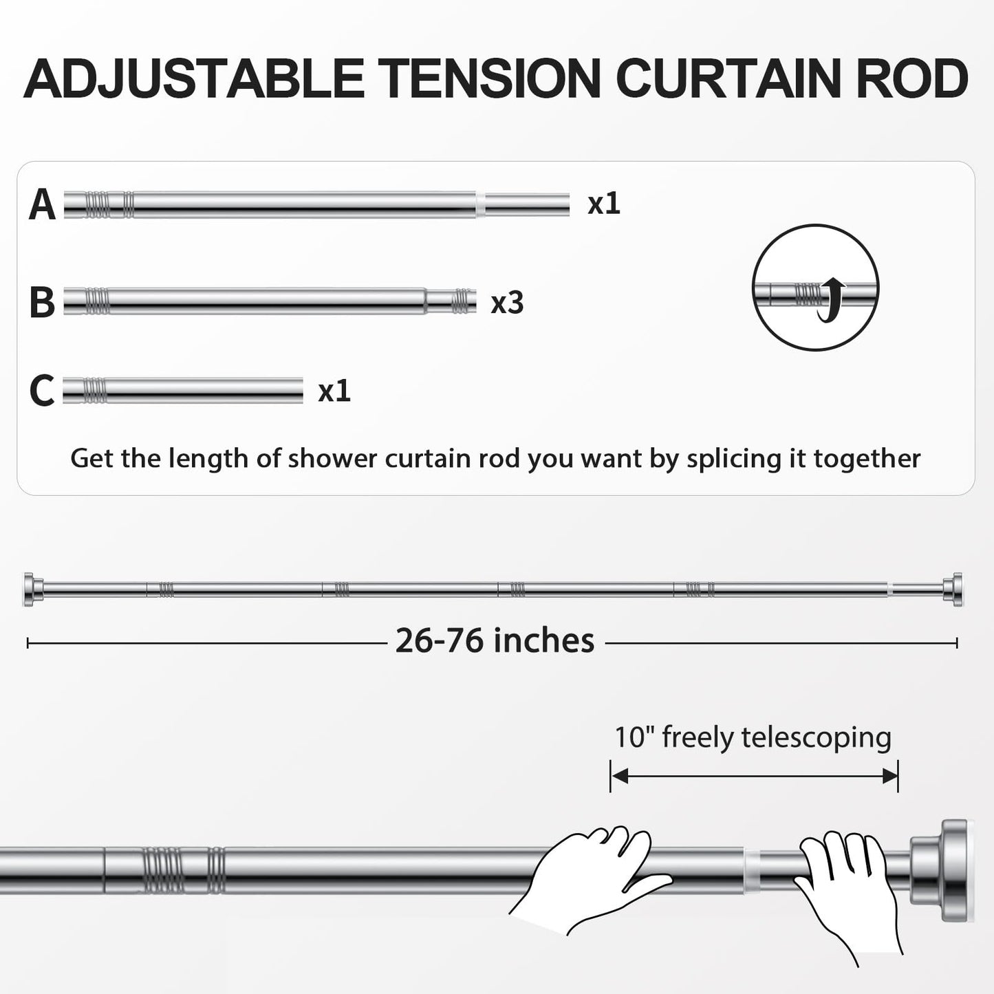 Ausemku Shower Curtain Rod, 26-76 Inch Adjustable Stainless Steel Tension Rod, Rustproof & Non-Slip, No-Drill for Bathroom & Kitchen, Silver