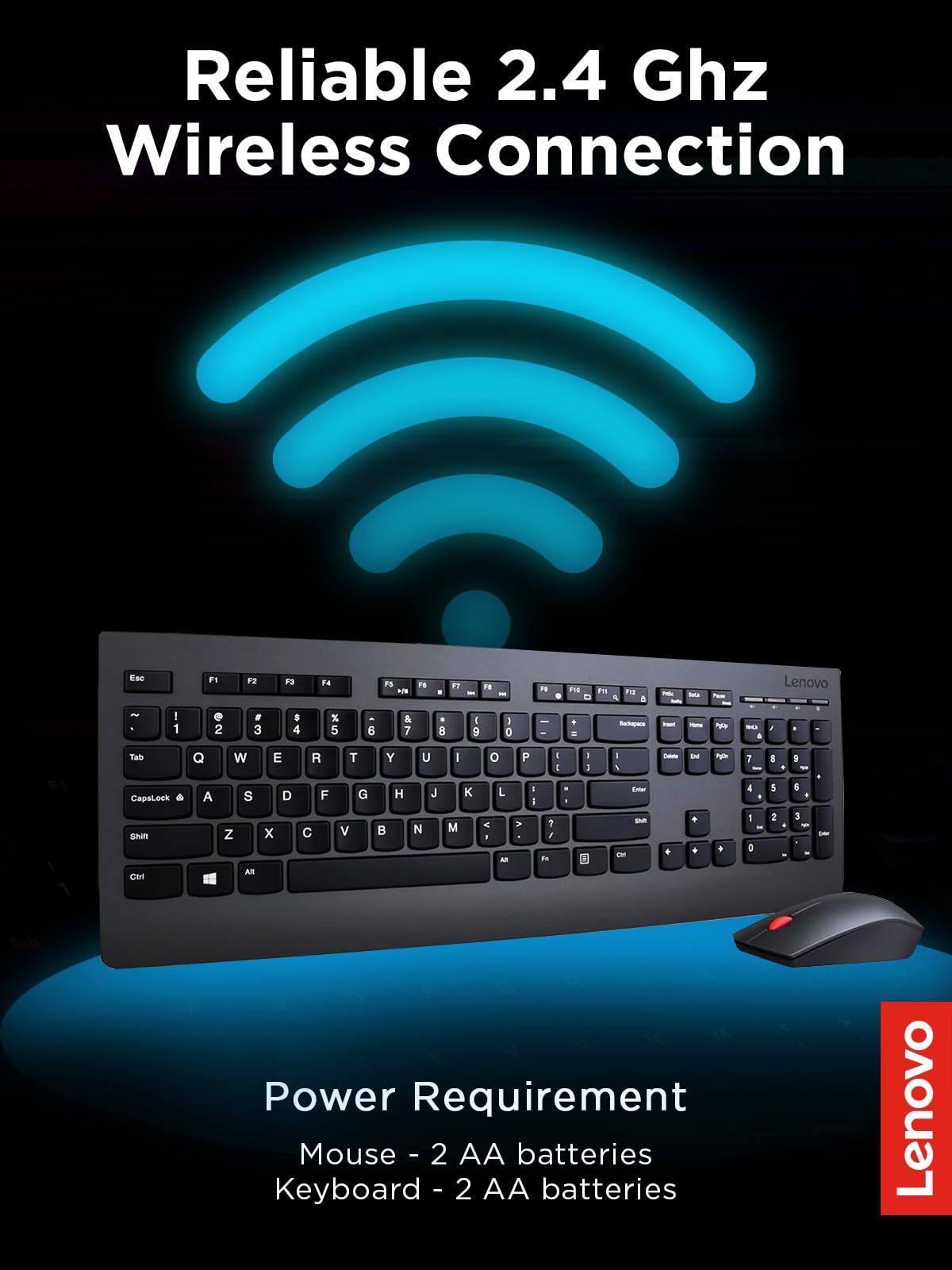 Lenovo Professional Wireless Keyboard and Mouse Combo, 2.4 GHz USB Wireless Receiver, Full Size Ambidextrous Mouse, 24 Month Battery Life, Black