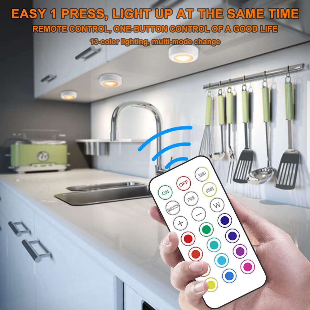 Deitybless 13-Color LED Puck Lights with Remote Control | Wireless Battery-Powered Stick-On Under Cabinet Lighting | Dimmable Color Changing Lights