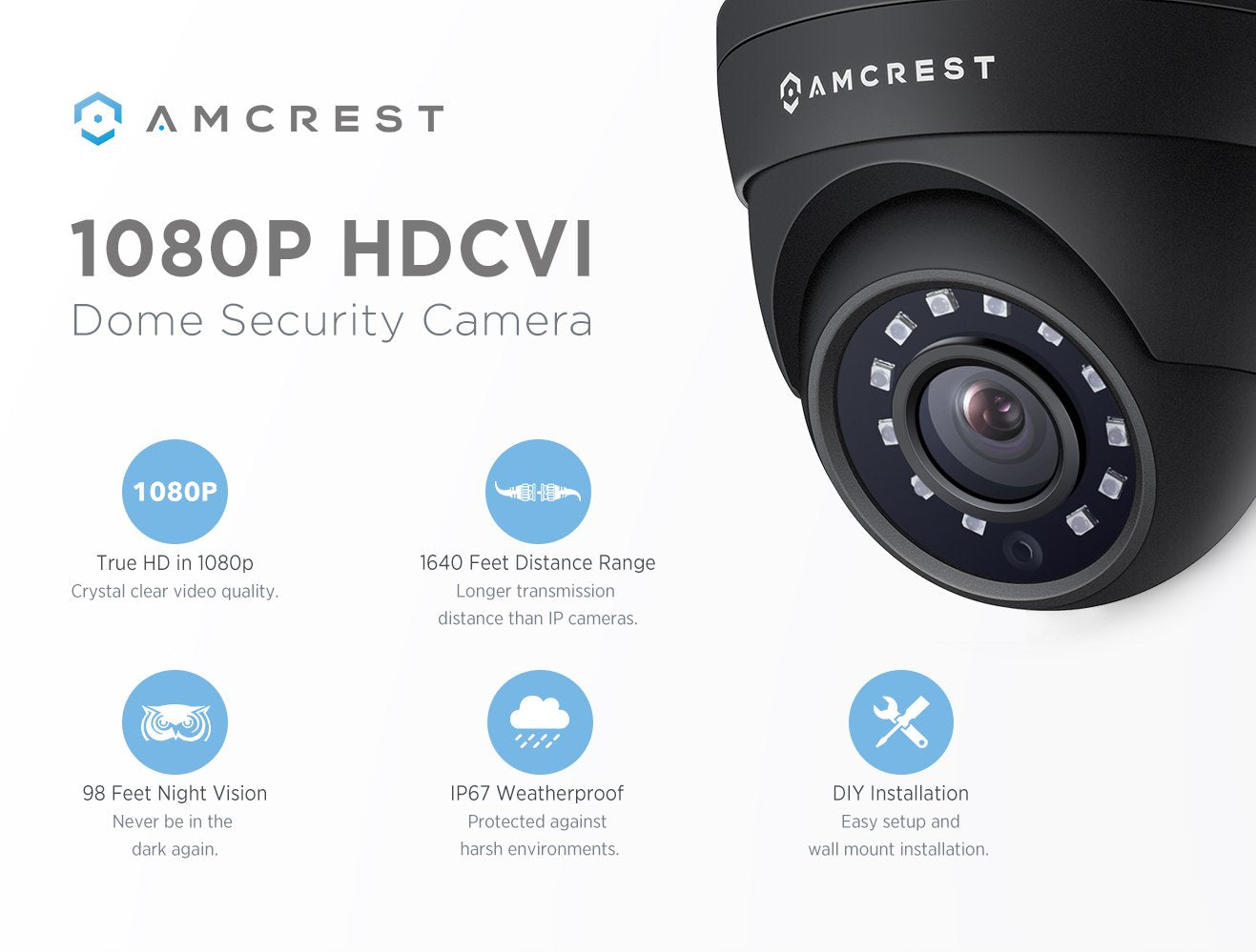Amcrest Analog Outdoor Security Camera, Dome 2MP 1080P @ 30fps, Quadbrid HD-CVI/TVI/AHD, 98ft Night Vision, IP67 Metal, 129° FOV, Black (Not an IP