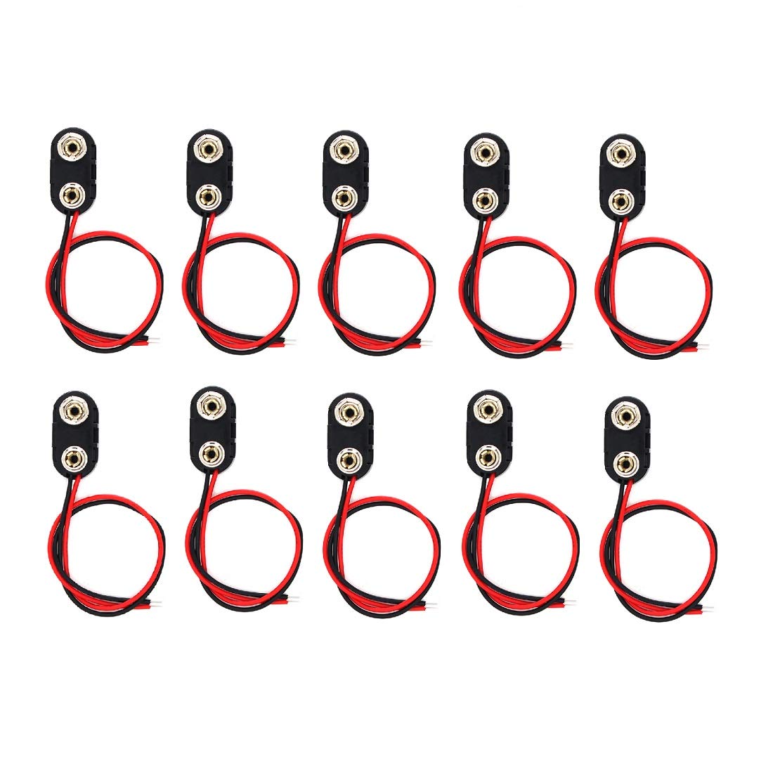 10 PACK 9V I-Type Faux Leather Long Cable Housing Connection Battery Clip Connector Wire Leads Plastic Housing and Black Red Wires Leads with 15cm