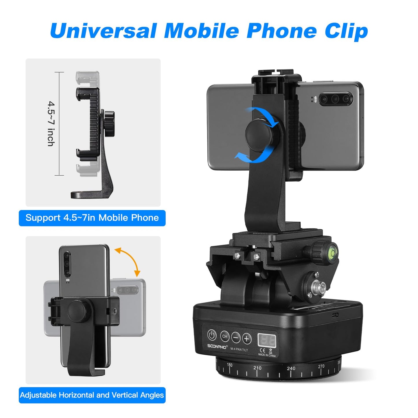 Soonpho M4 Motorized Rotating Panoramic Tripod Head, Remote Control 360° Pan Tilt Head with Mobile Phone Clip for DSLR Cameras, Camcorders