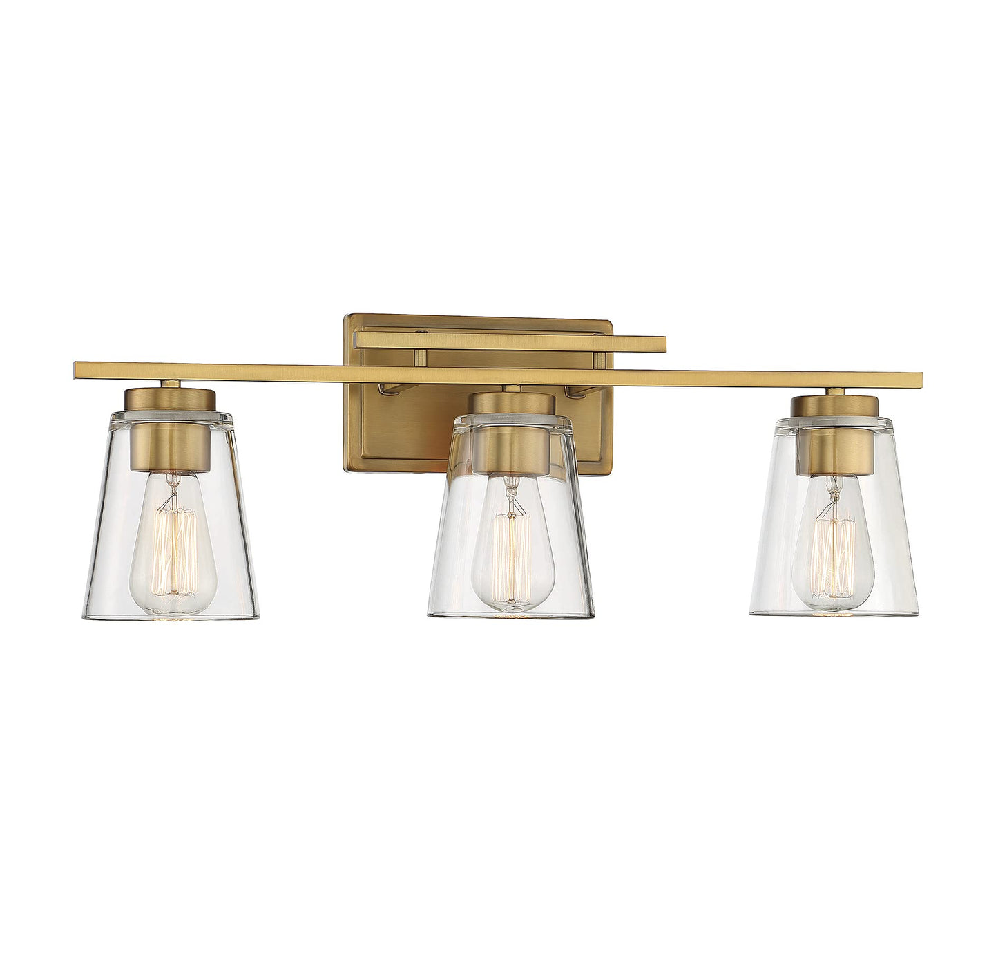 Savoy Essentials 8-1020-3-322 Calhoun Modern Clear Glass Bathroom Vanity Wall Light, 3-Light 180 Total Watts, 9" H x 24" W, Warm Brass
