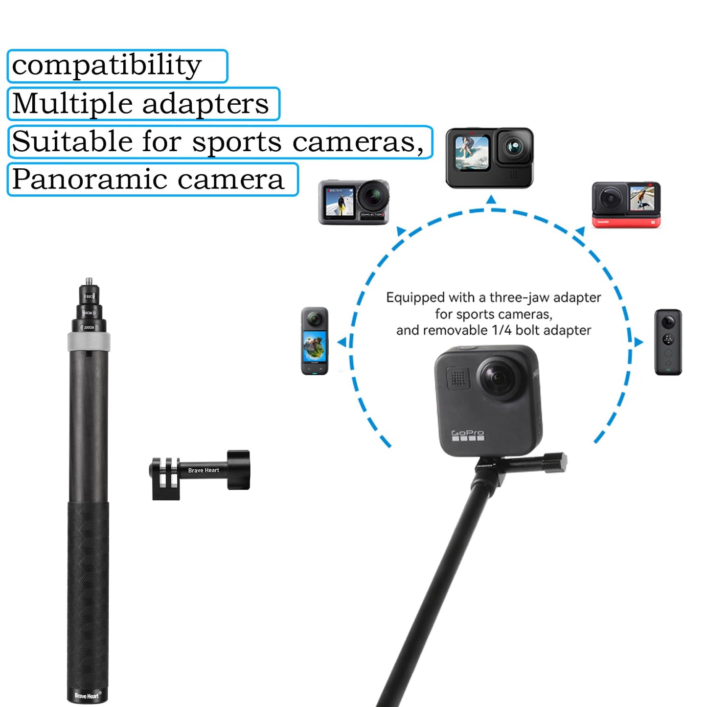 Funnyfox 33cm Extended to 2m Long True Carbon Fiber Super Long Extend Invisible Selfie Stick for insta360 X5 x4 Insta 360 X5 x4 x3 x2 x one r rs
