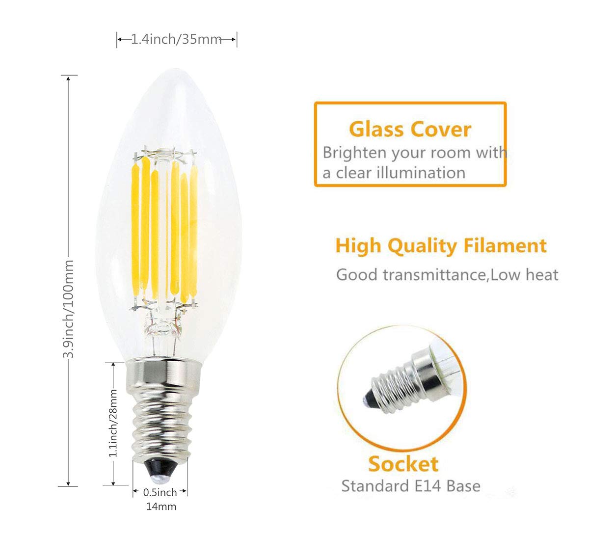 Lamsky E14 LED Filament Candle Shape Light Bulb,E14 European Base Bulb,Warm White 2700K 600LM 60W Equivalent,C35 Clear Glass Torpedo Shape Bullet