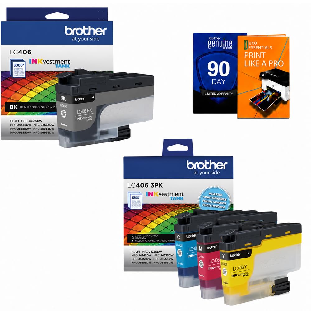 Brother Genuine LC406BK Black & LC4063PK Color 3-Pack (CMY) Ink Cartridges for MFC-J4335DW, MFC-J4345DW XL, MFC-J4535DW, MFC-J5855DW, MFC-J5955DW
