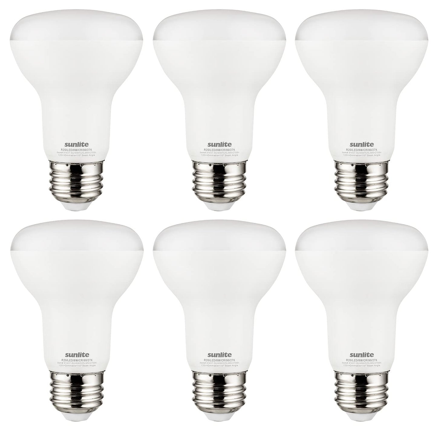 Sunlite LED 90 CRI R20 Recessed Light Bulb, 8 Watts (50W=), 525 Lumens, Dimmable, Medium Base (E26), Wide 110° Beam Angle, Title-20 Compliant, UL
