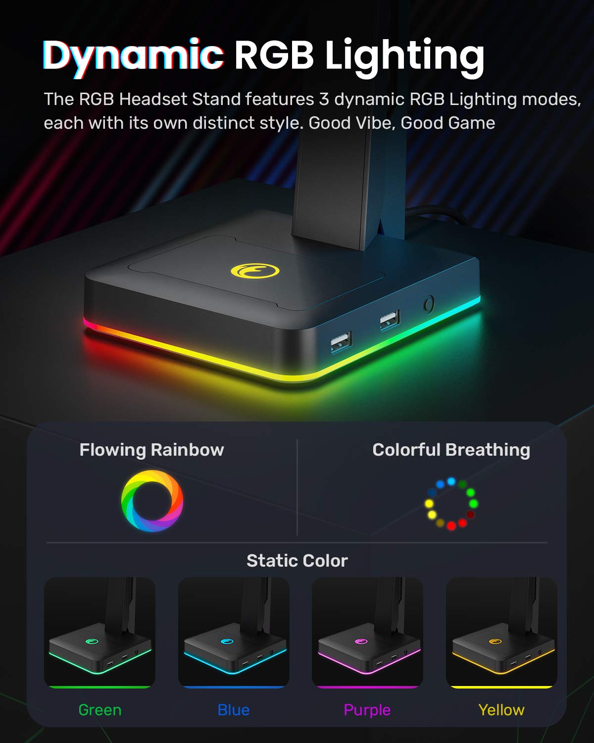 IFYOO RGB Gaming Headset Stand with 2 USB Ports, Game Headphone Mount for PC, Xbox One, PS4, Switch, Earphone Holder Hanger, Great for Gaming