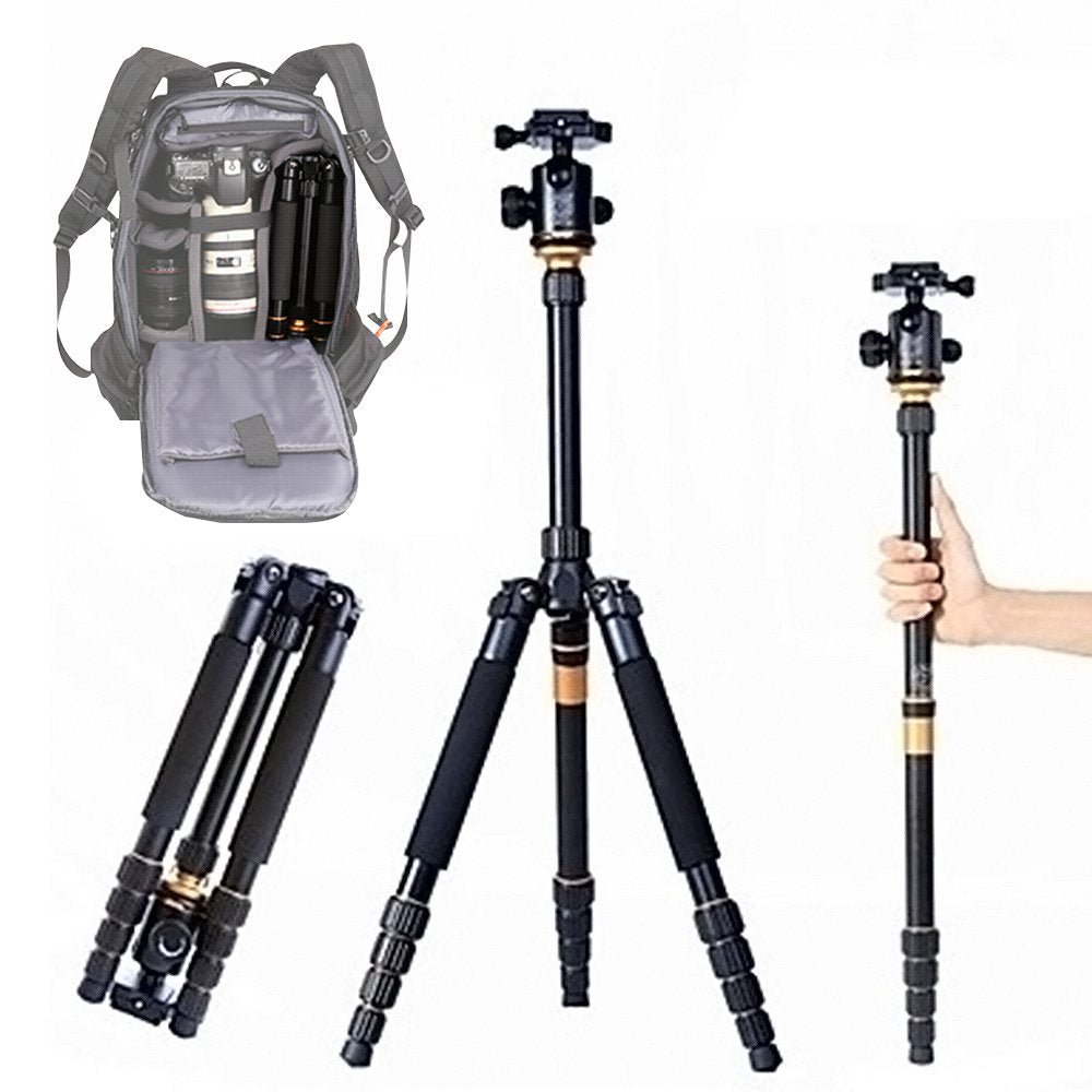 QZSD Q-666 Portable Aluminum Tripod Monopod With Q-02 360 Degree Swivel Fluid Ball Head Compact Travel for DSLR Digital Camera and Camcorder Nikon