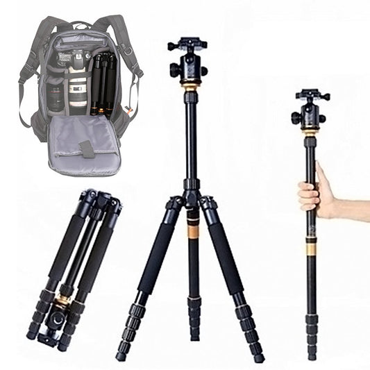 QZSD Q-666 Portable Aluminum Tripod Monopod With Q-02 360 Degree Swivel Fluid Ball Head Compact Travel for DSLR Digital Camera and Camcorder Nikon