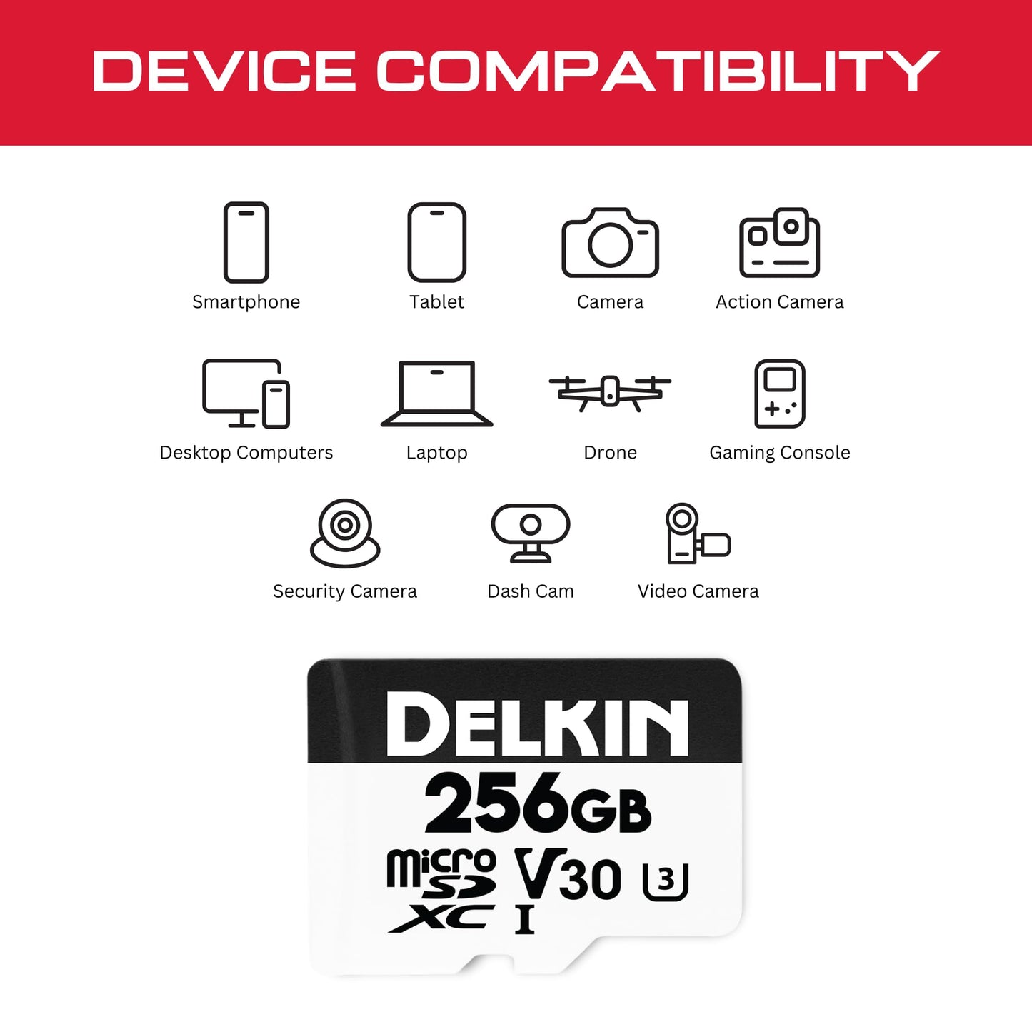 Delkin Devices Hyperspeed 256GB Micro SD Card with Adapter, Up to 100MB/s Read, 4K & Full HD 1080p, UHS-I, C10, U3, V30 for Smartphones, Tablets