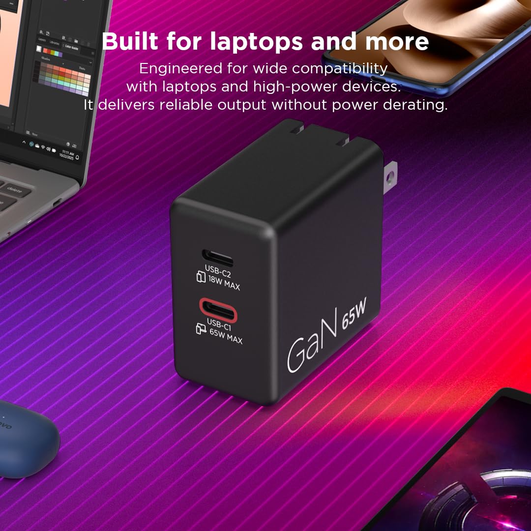 Lenovo Dual USB-C 65W GaN Charger, 2 USB-C Ports, for Laptops/Tablets & Phones & More, Compact Size, Foldable Plug, Includes 1.5m USB C Cable