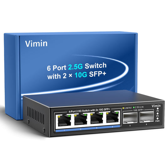 6 Port 2.5G Unmanaged Network Switch, VIMIN 4X 2.5Gbase-T Ports, 2X 10G SFP+ Port, 60Gbps Switching Capacity, IEEE802.3, Metal Housing, Fanless, Work