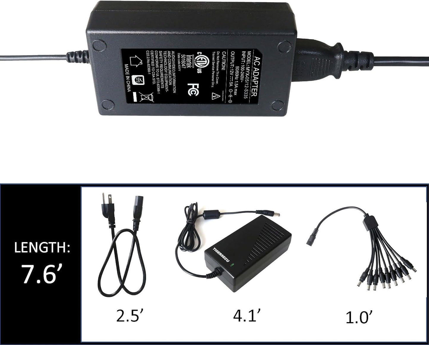 TIGERSECU Security Camera Power Adapter with 9-Way Power Splitter, 12V 5A 100V-240V 2.1x5.5mm Power Supply, Compatible with Lorex, Samsung, Q-See