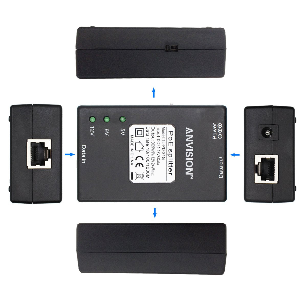 ANVISION Active Gigabit PoE Splitter Adapter with Multi-Size Tips, IEEE 802.3af Compliant, DC 5V 9V 12V Power Output, for IP Camera AP Voip Phone