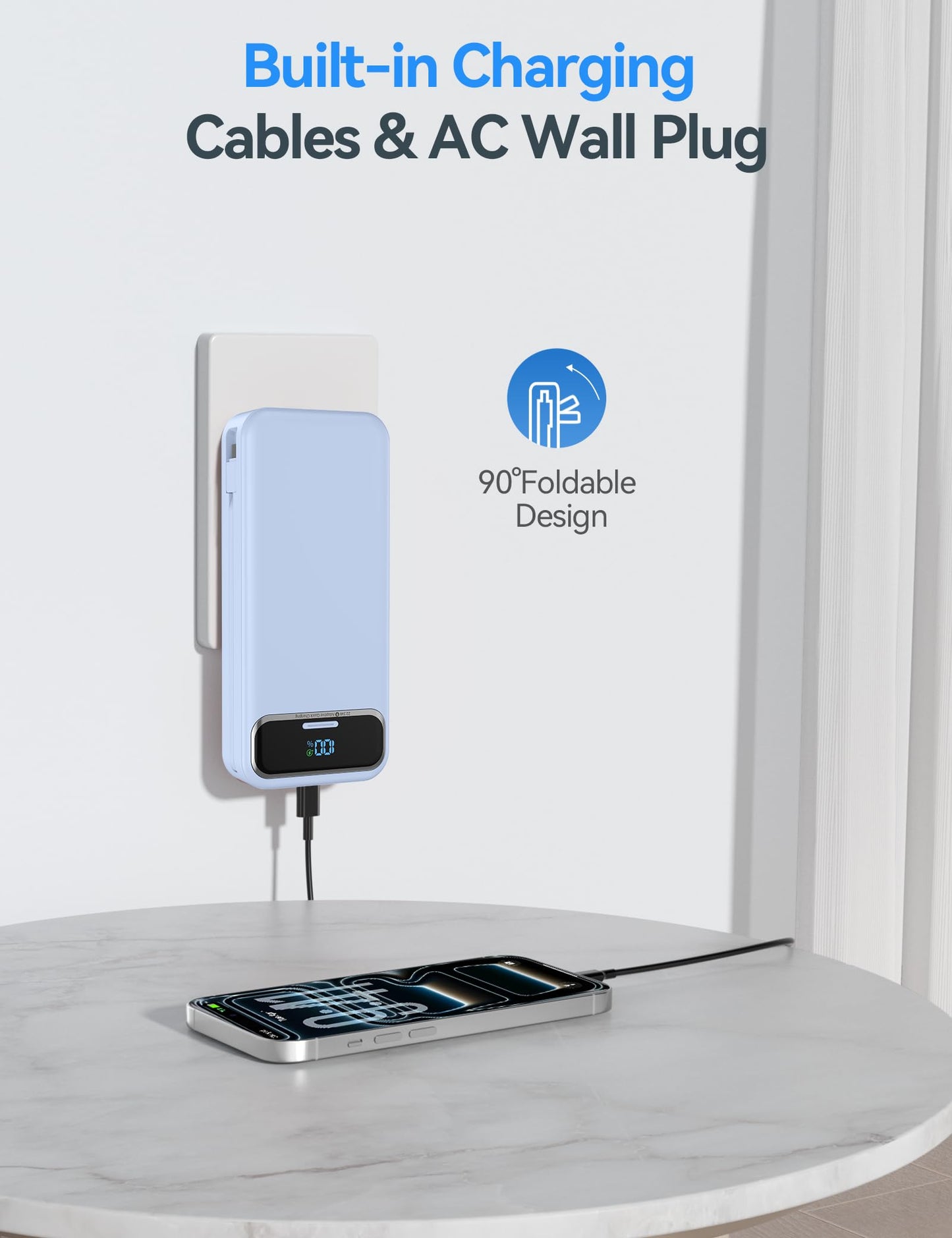 aonidi Portable Charger 20000mAh with Built-in Cables&AC Wall Plug, Blue