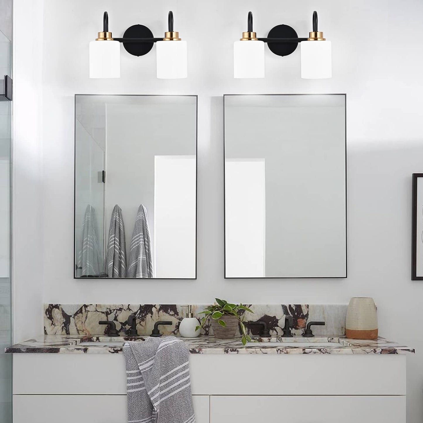 ZHUOER Modern Matte Black and Gold Bathroom Vanity Light Fixtures 2 Lights Milky Glass Wall Sconce Light Modern Vanity Lights Over Mirror(Exclude E26