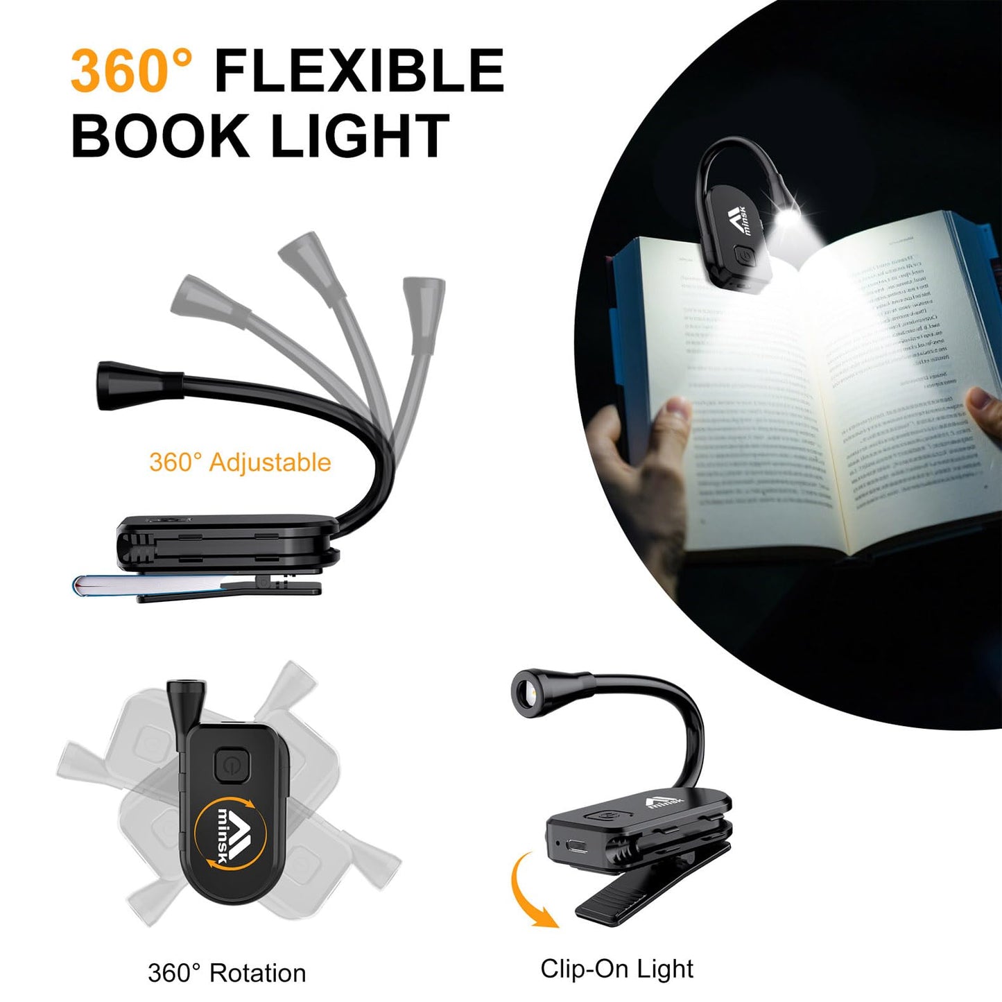 Minsk Bed Reading Light, Clip On Book Lamp with 360° Flexible Neck, Eye Protect 3 Color Stepless Dimming Light, USB Rechargeable Bedside Reading Light