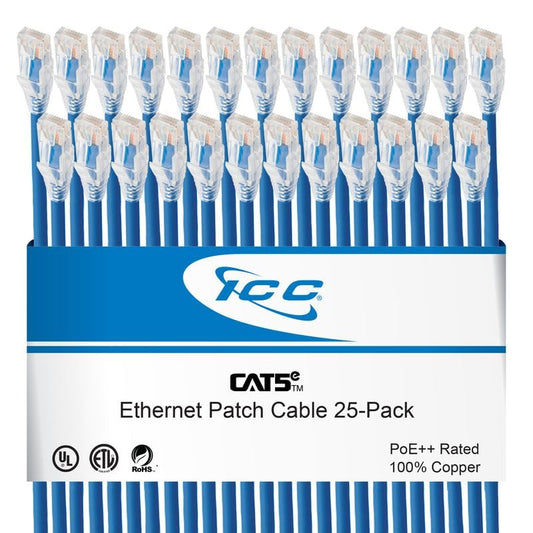 ICC CAT5e Ethernet Patch Cord, RJ45 UTP 24AWG, 350 MHz, 5 FT, Blue, 25-Pack