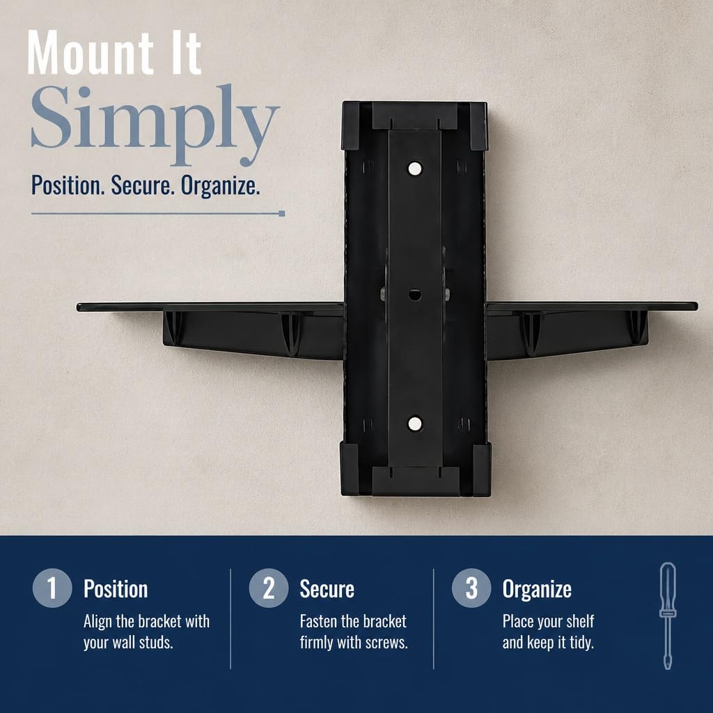 Mount-It! Floating TV Shelf, Tempered Glass, Aluminum Frame, Black