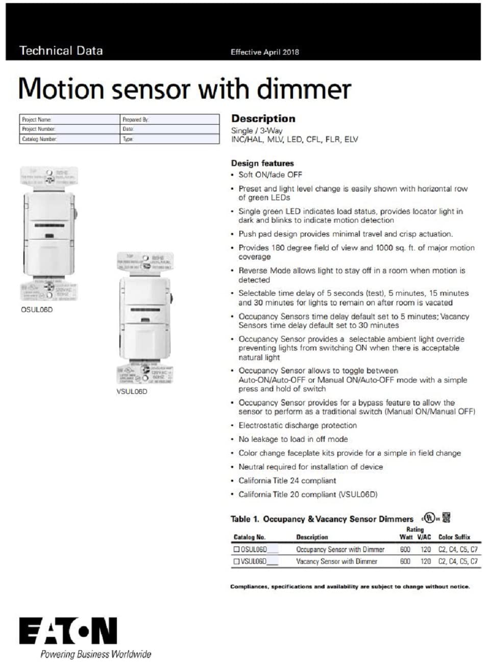 EATON OSUL06D-C4-K-L Occupancy Motion Sensor with Dimmer, Single Pole & 3-Way, in White Ivory Black Colors
